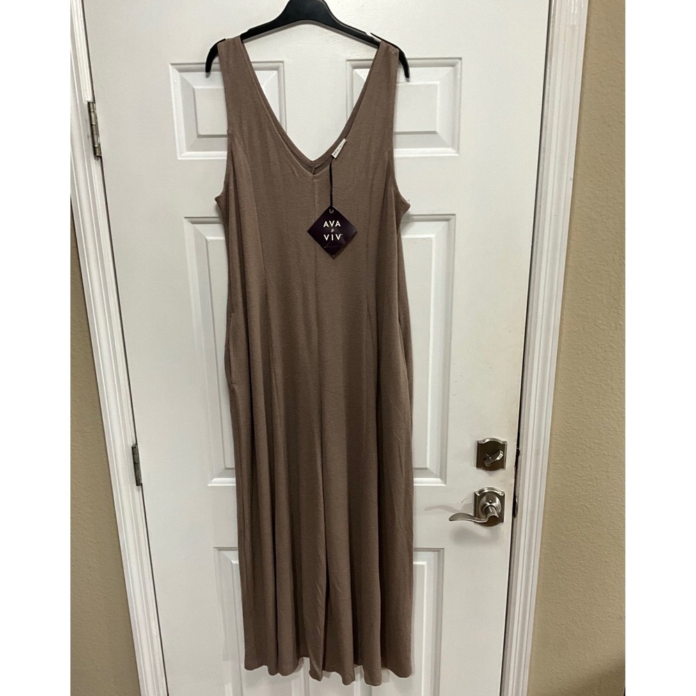 Ava & Viv Womens XXL Brown Textured Knit V-Neck Wide Leg Jumpsuit NWT